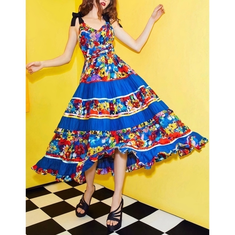 Alice + Olivia Floral Tiered Blue Gayla Sleeveless Midi Dress